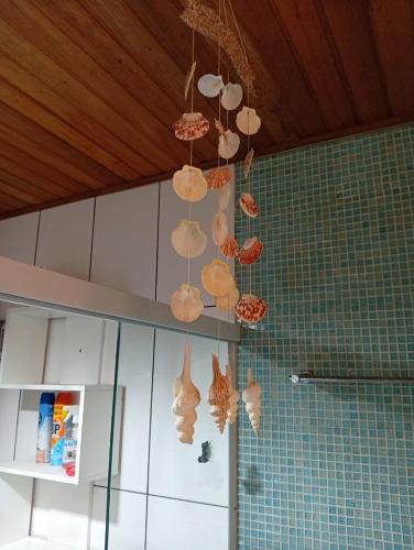 a bunch of seashells hanging from a ceiling at Sítio em São Bonifácio in Alto Rio Bravo
