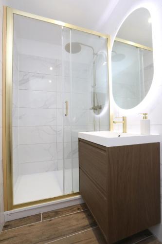 a bathroom with a shower and a sink at Superbe appartement avec écran géant in Tarbes