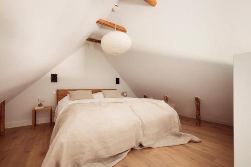 a bedroom with a bed in a attic at De Rheezer Kamer in Hardenberg