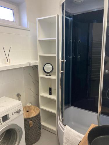 a bathroom with a shower and a washing machine at Willa Zakopane Center in Zakopane