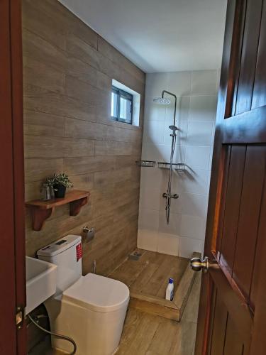 a bathroom with a toilet and a sink and a shower at Haven on the Hill near Twin Lakes in Calo