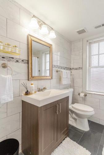 a bathroom with a sink and a toilet and a mirror at The Cozy Luxe Retreat, Central West End in Saint Louis