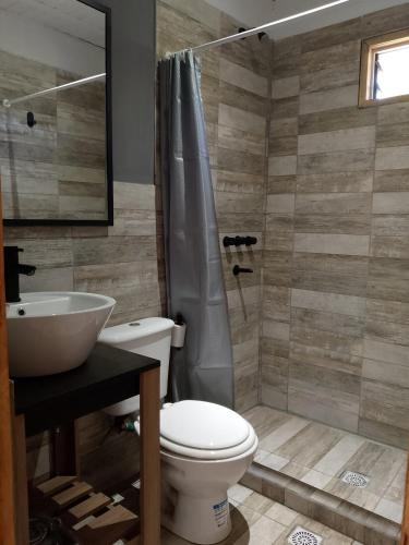 a bathroom with a toilet and a sink and a shower at Casa Uno in Paso de la Patria