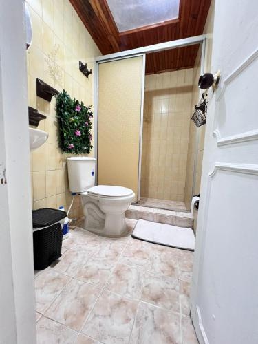 a bathroom with a toilet and a glass shower at Casa Santa Rosa Garden in Santa Rosa de Cabal