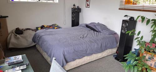 a bedroom with a bed with a speaker on it at Private cabin in Whitianga