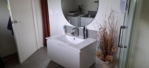 a white bathroom with a sink and a mirror at Private cabin in Whitianga