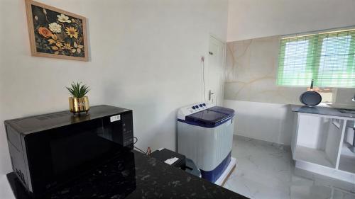 a small kitchen with a television and a trash can at Beverly Hills Vagamon in Vagamon