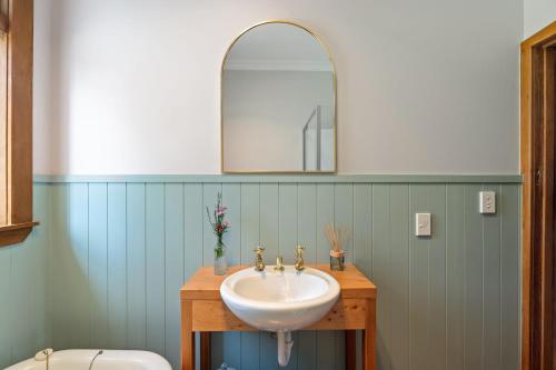 a bathroom with a sink and a mirror at Makoura Lodge in Apiti