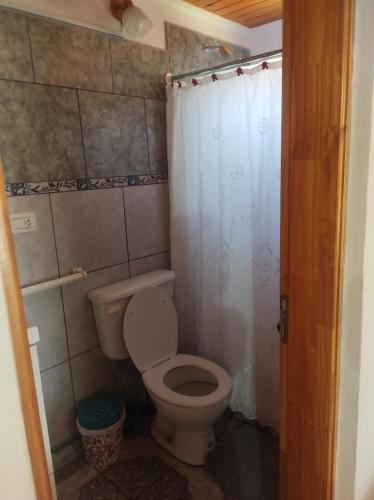 a bathroom with a toilet and a shower curtain at Las Tres Reinas B in Colorado River
