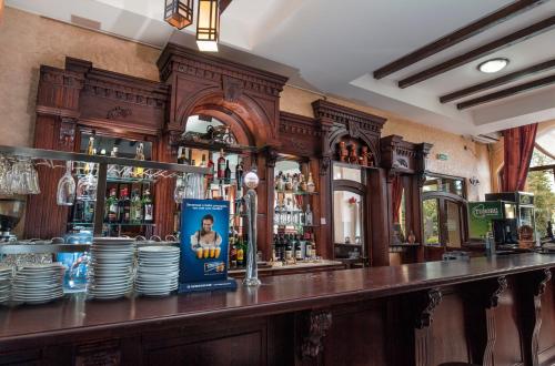 a bar with a counter with plates and alcohol at Pensiunea Siva in Horezu