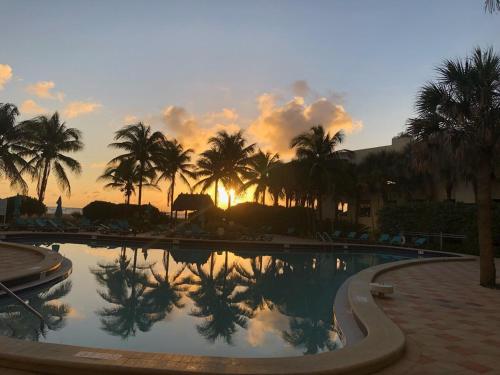 a pool with palm trees and a sunset in the background at Oceanfront retreat, Hollywood Beach ,Miami Florida in Hollywood