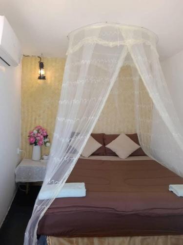 a bed with a canopy in a room at Homestay with Rive View Bann Good View in Ban Hua Phrong