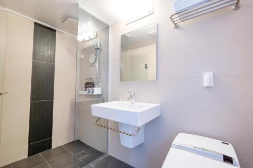 a bathroom with a sink and a toilet and a mirror at 진우 프레스티지 호텔 in Okp'o-ri