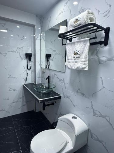 a bathroom with a toilet and a sink and a mirror at Gran Hotel in Yungay