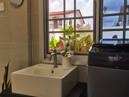 a bathroom sink with a vase with a plant in it at Merdeka One Homestay 8pax 4Rooms in Sibu