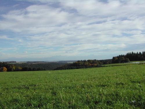 a large field of green grass with a cloudy sky at Gasthaus-Pension Zum Kreuz in Stühlingen