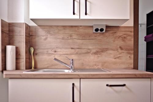 a kitchen with a sink and a wooden wall at City Apartment Mendig in Mendig