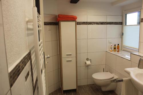 ein Bad mit einem WC und einem Waschbecken in der Unterkunft Ferienhaus Achtern Diek in Hemme