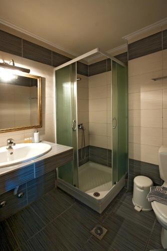 a bathroom with a shower and a sink and a toilet at Seydnaya Apartments & Studios in Neos Marmaras