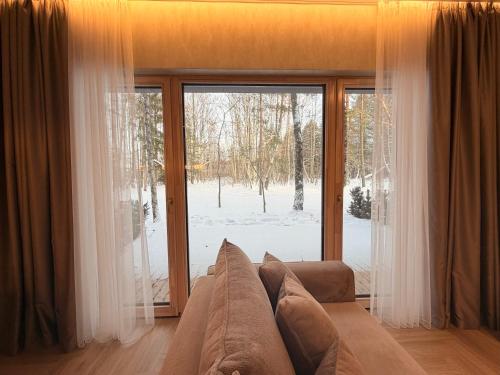 ein Wohnzimmer mit einer Couch vor einem Fenster in der Unterkunft Pine Forest Residence in Melnragė