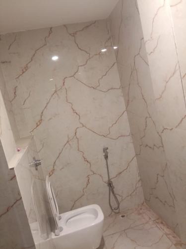 a bathroom with a toilet and a marble wall at Riyank Farms in Patna