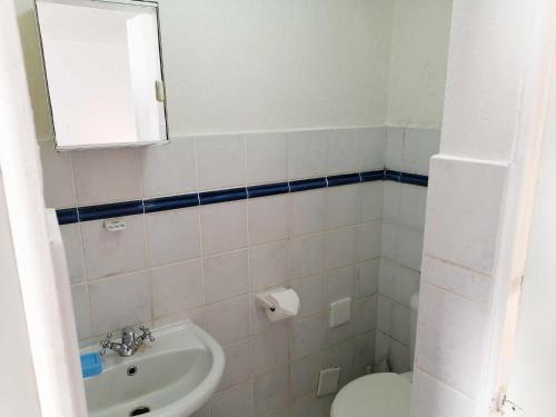 a bathroom with a sink and a toilet and a mirror at Boathouse Bed & Biscuit - Lower Deck in Margate