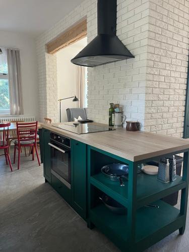 a kitchen with a green island with a counter top at Rychtrova bouda Benecko in Benecko