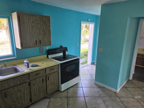 a kitchen with blue walls and a sink and a stove at GpL 5544 Cozy Getaway with Bright Colors & Full Kitchen in Fort Myers