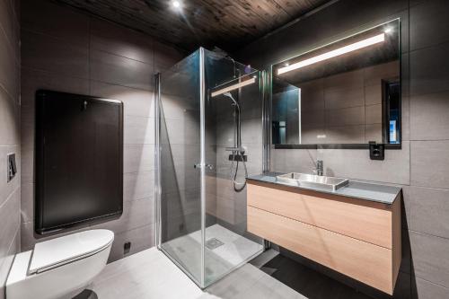 a bathroom with a shower and a toilet and a sink at Kikut Alpin Lodge 2102 in Hol