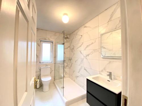 a bathroom with a toilet and a sink and a shower at Anchors Rest, Cobh in Cobh