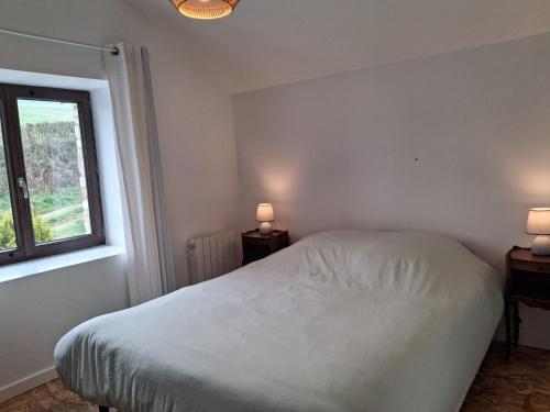 a bedroom with a bed and two lamps on tables at Les Gîtes de Sophinette in Dompierre-les-Ormes