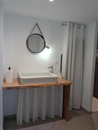a bathroom with a sink and a mirror on a counter at Les Gîtes de Sophinette in Dompierre-les-Ormes