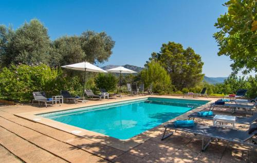 a swimming pool with chairs and umbrellas next to it at Moscari in Moscari