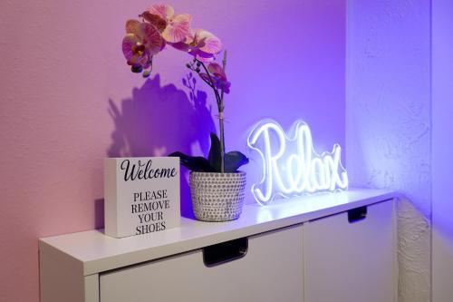 a shelf with a plant and a neon sign at Train, Zoo & Eden Park Nearby - Arcade, Disney Plus- Free Parkings- Central & Peaceful in Auckland