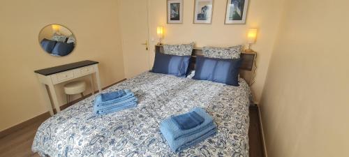 a bedroom with a bed with blue pillows and a mirror at Gîte-La mare aux étoiles in La Douze