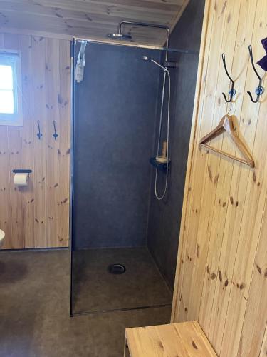 a shower with a glass door in a bathroom at Mountain cabin in Lillehammer in Lillehammer