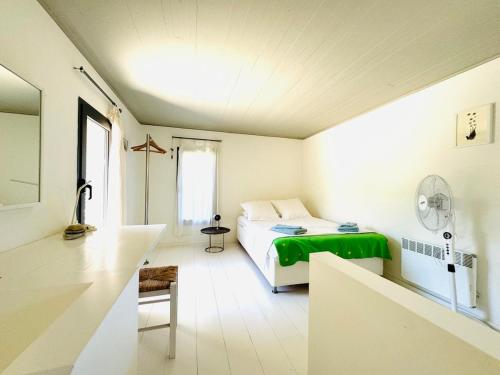 a bedroom with a bed with a green blanket at Calliste's House in Ioulis