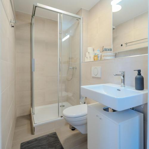 a bathroom with a shower and a sink and a toilet at Central City Apartment 1 with Mountain View in Zweisimmen