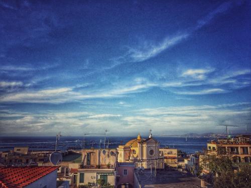 a view of a city with the ocean and buildings at Hotel La Villarosa Terme in Ischia