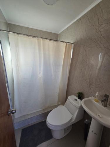 a bathroom with a toilet and a sink at Alto La Florida Cabañas in Huasco