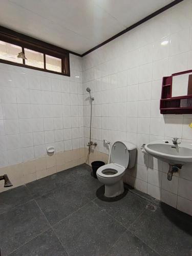 a bathroom with a toilet and a sink at Hotel Pandu Lakeside Tuktuk in Tuktuk Siadong