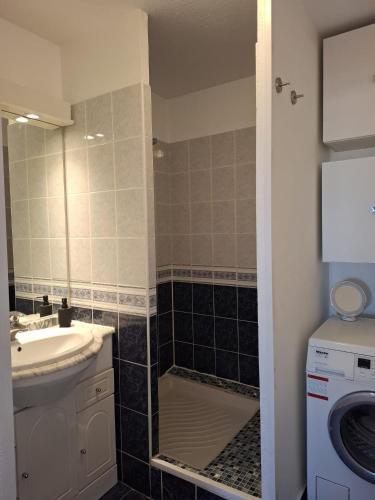 a bathroom with a sink and a washing machine at Appartement Riposa in Fréjus