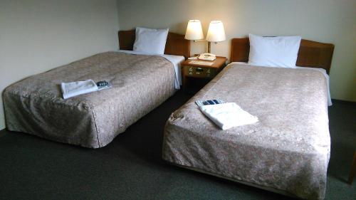 越前町にあるホテルクラウンヒルズ武生のホテルルーム内の隣接するベッド2台