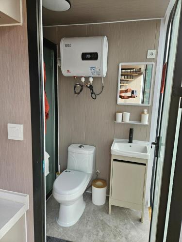 a small bathroom with a toilet and a sink at Halte aux randonneurs in La Possession