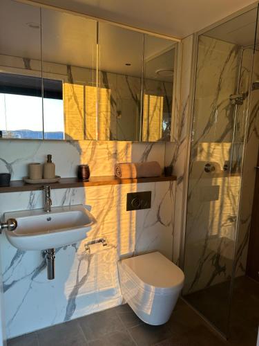 a bathroom with a sink and a toilet and a shower at Romantic Stargazing Getaway - Beyond Bubbles in Kanimbla