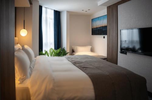 a hotel room with a bed and a flat screen tv at Hotel Rubin DHS in Kruševac