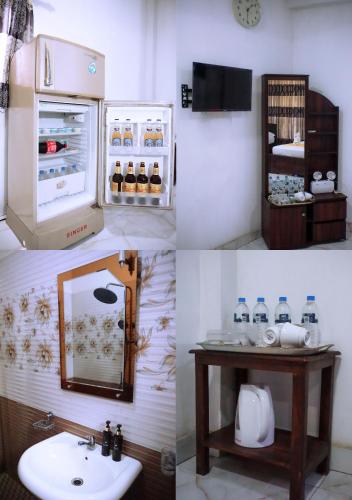 three pictures of a bathroom with a sink and a refrigerator at SECRET MIRAGE Ella in Ella