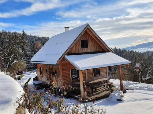 a log cabin with a snow covered roof in the snow at Götschlhütte in Bad Sankt Leonhard im Lavanttal