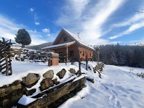 a log cabin with snow in front of it at Götschlhütte in Bad Sankt Leonhard im Lavanttal