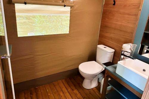 a small bathroom with a toilet and a sink at Lodge Mini-Wood in Les Rochettes